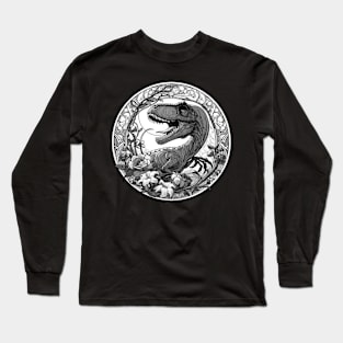 Velociraptor Dinosaur Art Deco Style Black and White Long Sleeve T-Shirt